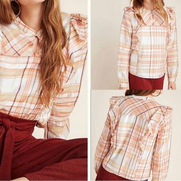 CURRENT AIR ANTHROPOLOGIE Pink Rose Plaid Ruffle Blouse Size XS NWT - Picture 10 of 11